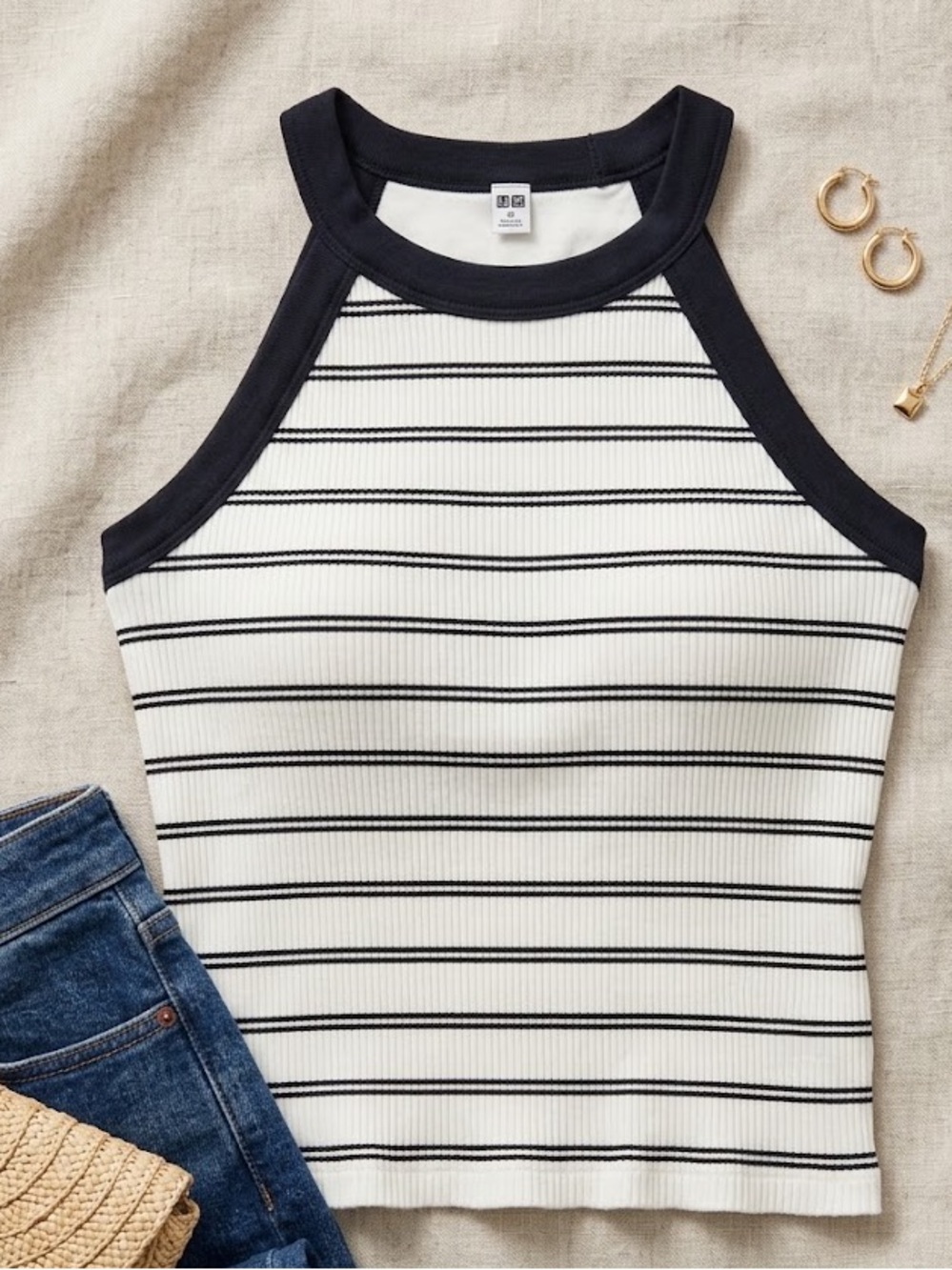 Uniqlo Navy & White Striped Ribbed Halter Tank